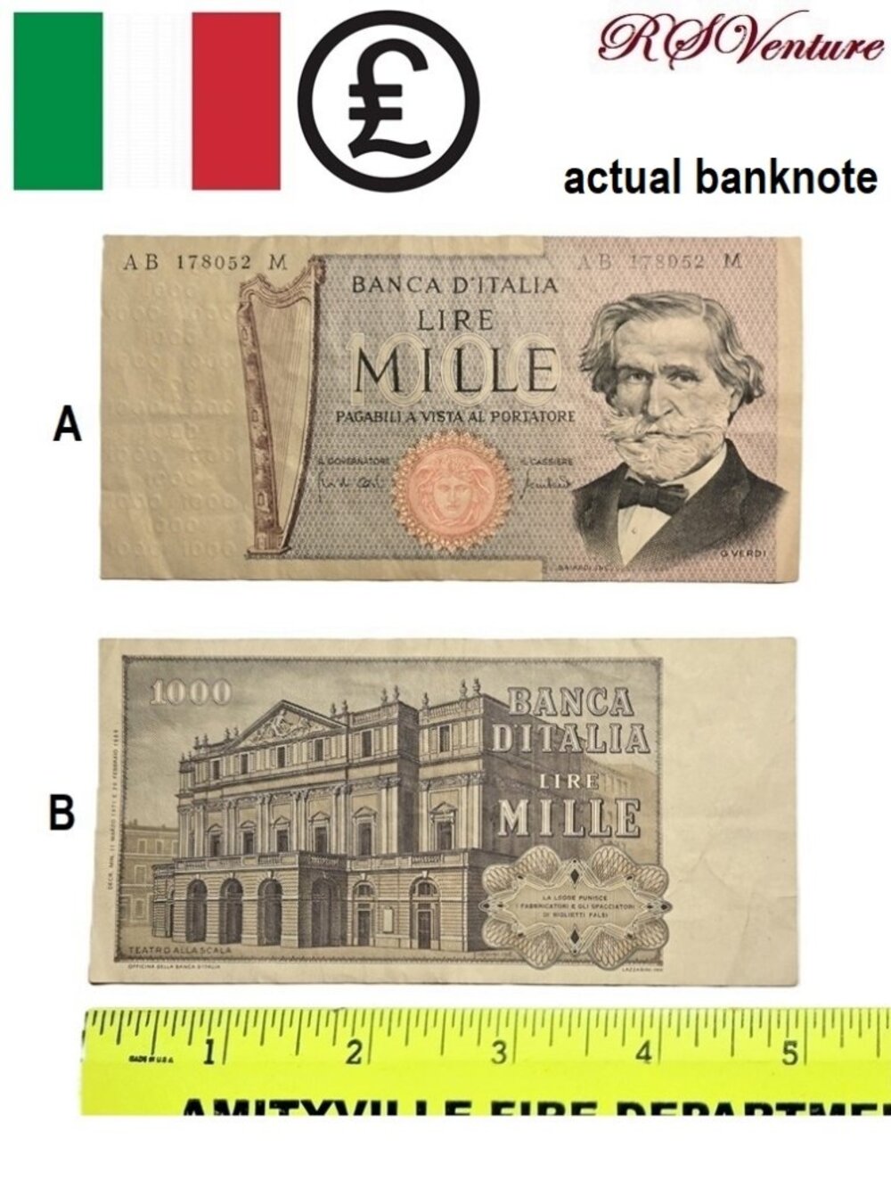 Vintage 1969 Italian 1000 Lire Banknote